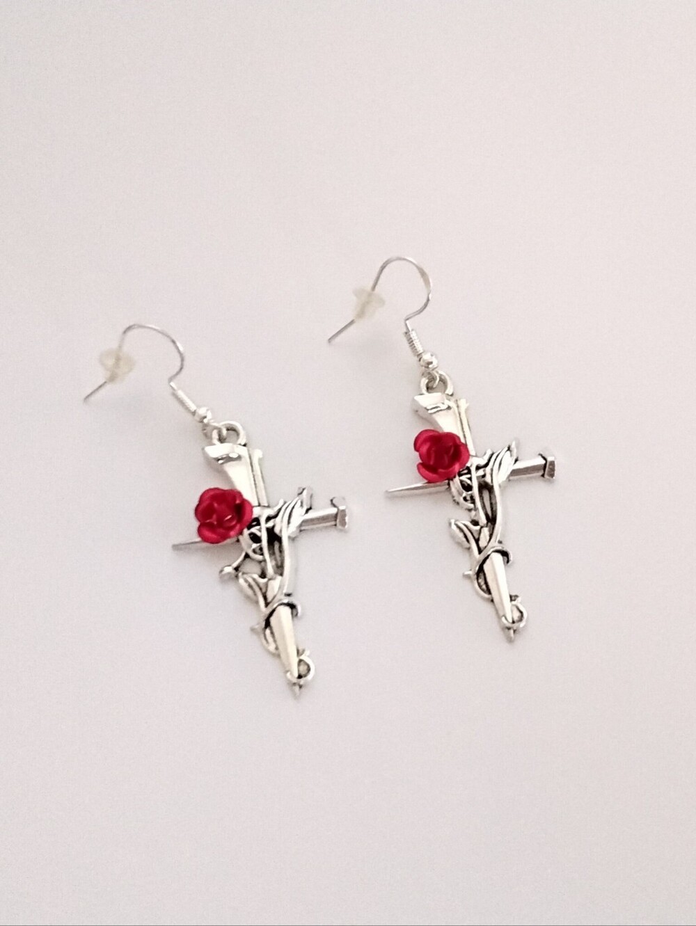 Source Unknown Silver Cross Earrings with Red Rose